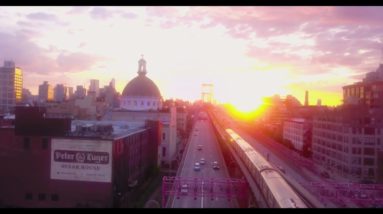 Sunrise drone over downtown Brooklyn NYC